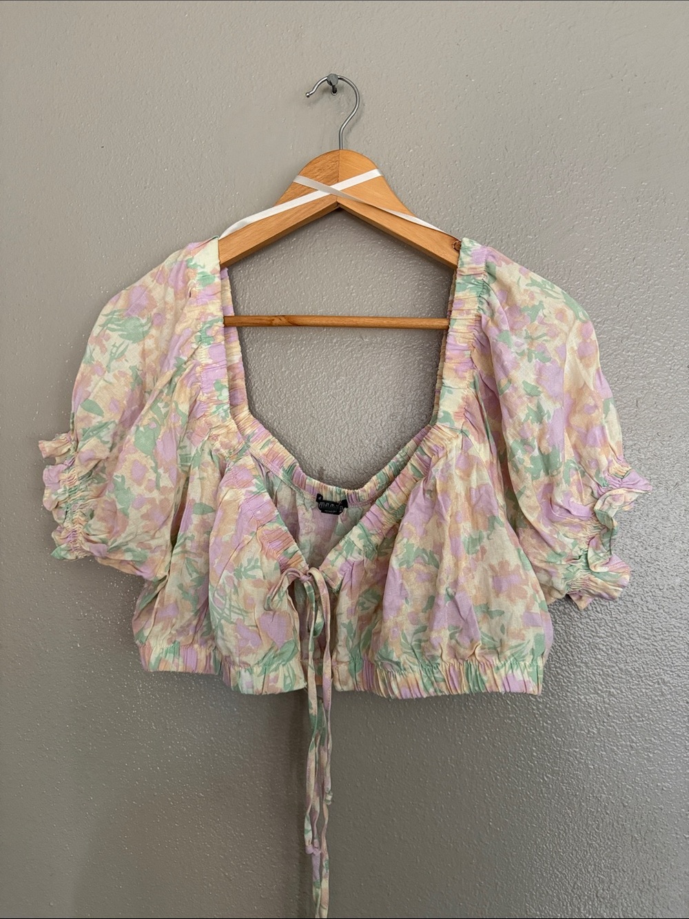 Floral Tie-Front Puff Sleeve Crop Top - Pastel Multi